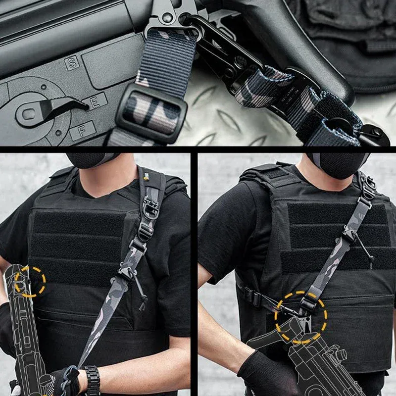 sangle tir camouflage noir gris tissu résistant clips métalliques boucle serrage accessoire sport militaire nylon