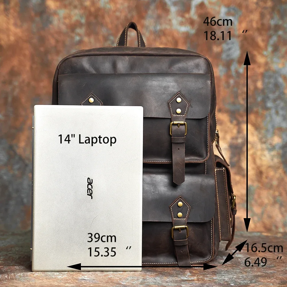 nasva – sac à dos vintage en cuir véritable pour hommes, sac de voyage en plein air pour ordinateur portable, sac d'école de randonnée pour ordinateur portable 15.6 pouces