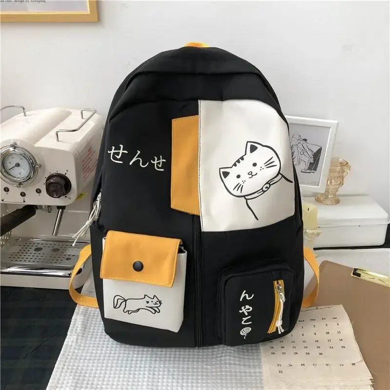 sac à dos de voyage en nylon imperméable de grande capacité, cartable de style coréen avec chat de dessin animé mignon pour femme