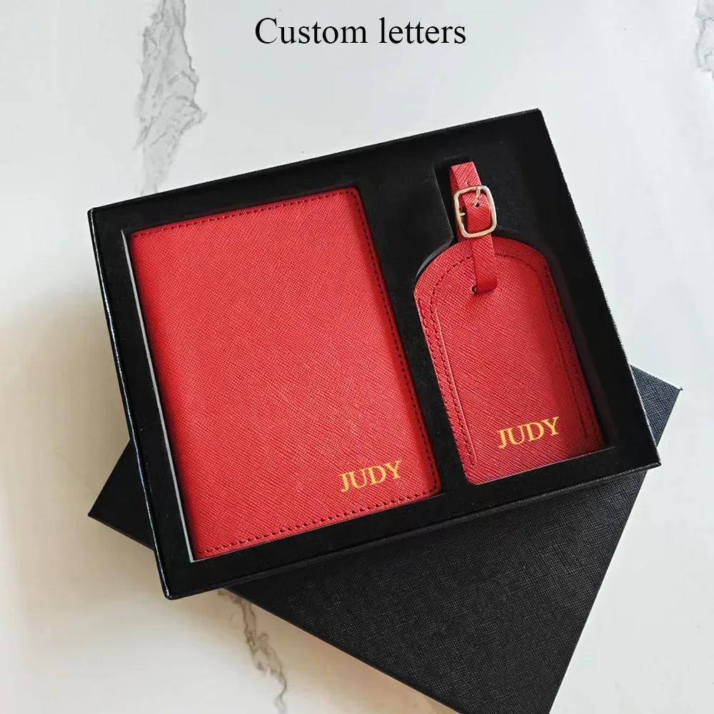 porte-passeport saffiano de voyage avec initiales personnalisées, ensemble d'étiquettes de bagage, boîte-cadeau, nom personnalisé, logo, accessoires de voyage pour femmes et hommes