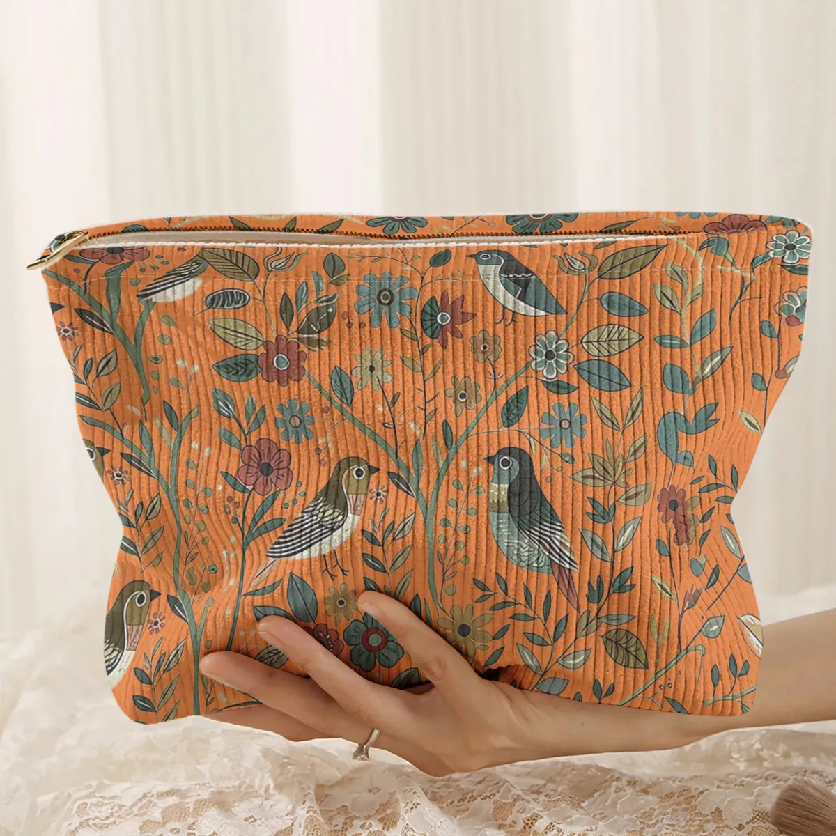 1 pièce, trousse de maquillage en velours côtelé avec motif d'oiseaux et de branches, légère et multifonctionnelle pour le rangement des cosmétiques.