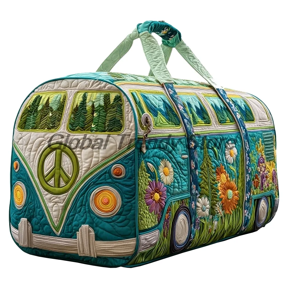 sac de voyage matelassé pour homme, motif floral et bus de la paix, sac fourre-tout décontracté pour femme, sac de week-end