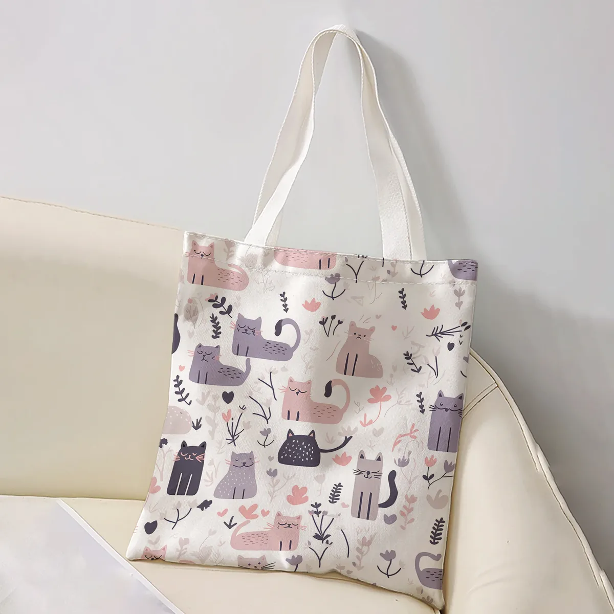 sac fourre-tout rose et violet à imprimé floral et cœur de chat, sac à bandoulière de grande capacité pour le shopping, les voyages et l'usage quotidien