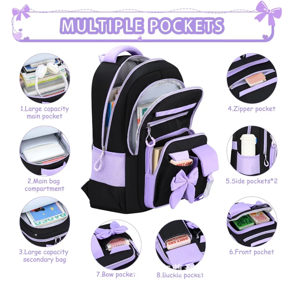 sac dos oxford cloth noir rubans pompons sac lunch boîte crayons palette rose gris imperméable usage ecole adolescente