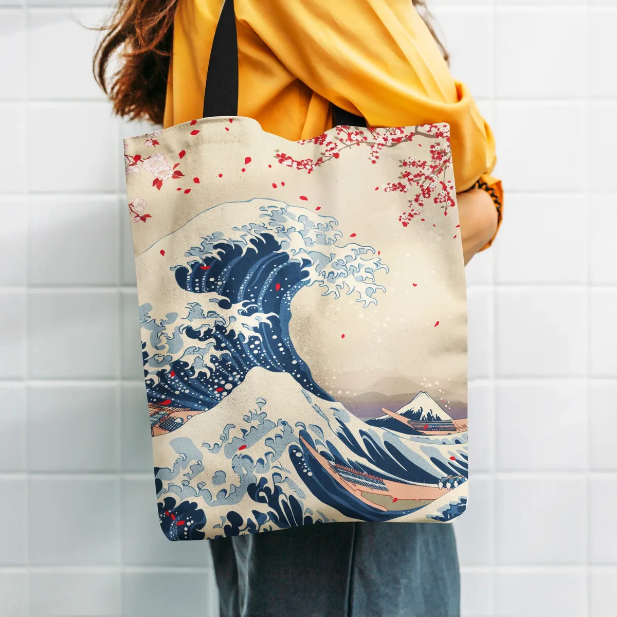 Sac fourre-tout en Polyester inspiré de l'art japonais, sac à bandoulière Durable avec Design Ukiyo-e Wave, sac de courses réutilisable 1 pièce