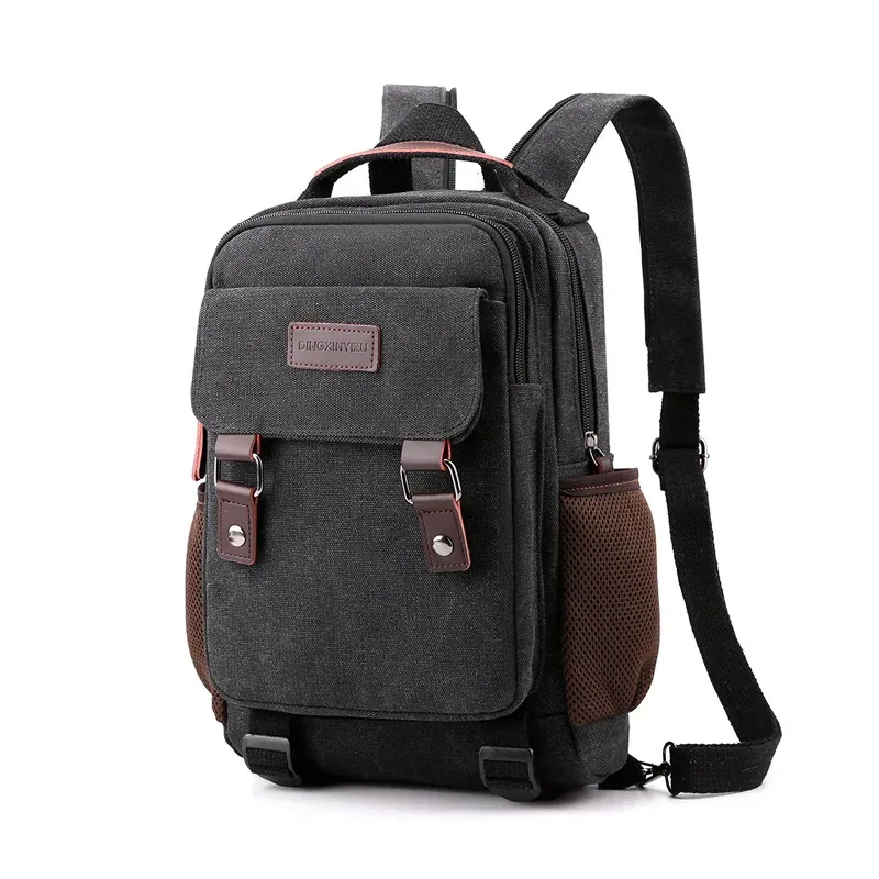 Sac Dos Toile Gris Marron Noir Compartiment Intérieur Bandoulière Arquée Fermeture Éclair Décontracté Usage Voyage