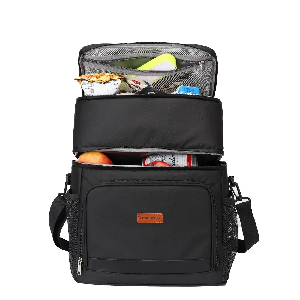 sac dos polyester noir isolement compartiments poche latérale poignée supérieure sacoche voyage fruits boissons