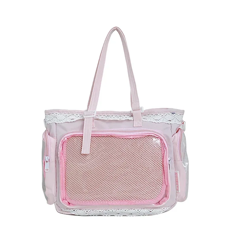 sacs bandoulière style universitaire pour fille, poche transparente, couleur unie, itabag grande capacité, sac à bandoulière en dentelle, pour poupées en coton, tenue quotidienne