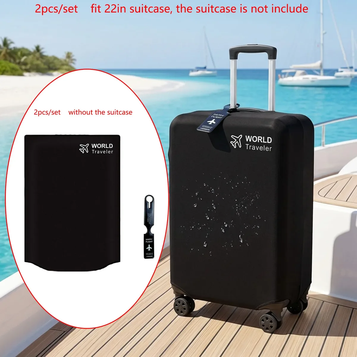 housse valise protection tissu non tissé noire logo avion étiquette bagage texte happy flight identification voyage