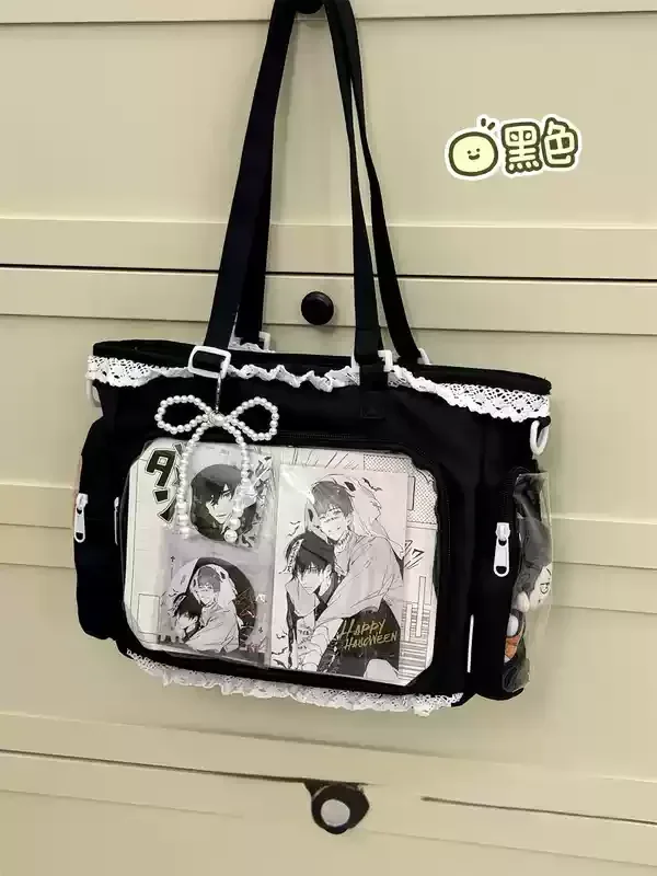 sac à bandoulière itabag anime 2d japonais, motif fille de ballet, grande capacité, avec poche transparente et garniture en dentelle, cadeau pour amis