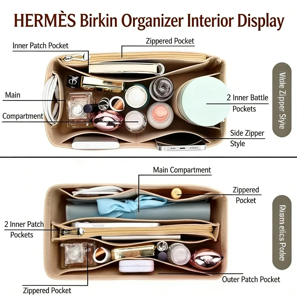 organisateur de sac à main de qualité supérieure, insert pour sac à main, séparateur intérieur, pochette de maquillage, rangement cosmétique pour sac fourre-tout, taille 25 30 35, accessoires