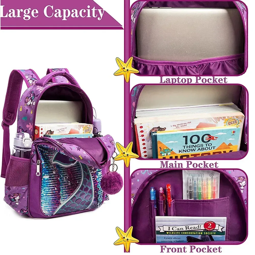 Sac à dos d'école BIKAB pour filles, sac à dos à paillettes de 16 pouces avec boîte à lunch, ensemble de sacs pour fournitures scolaires pour femmes et filles