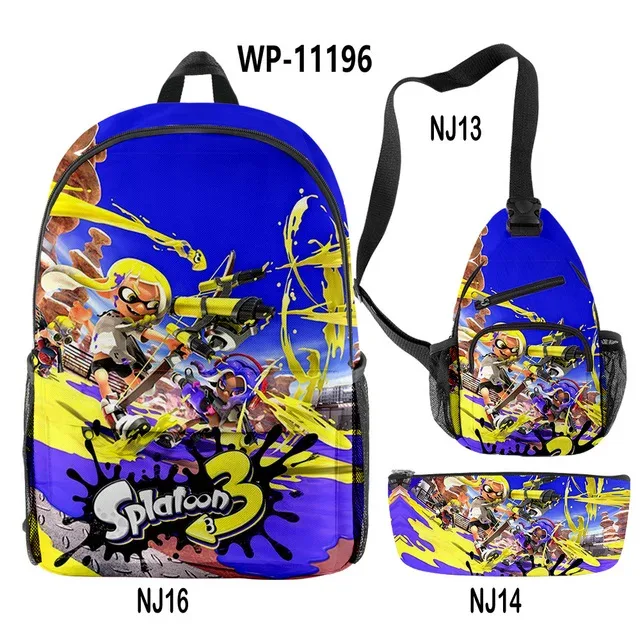 splatoon-sac à dos pour ordinateur portable, sac à bandoulière incliné, trousse à crayons, sac à dos pour 3 élèves, jeu de mode créatif, ensemble de 3 pièces