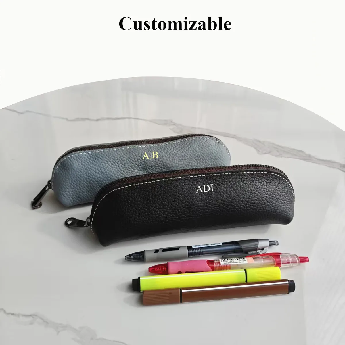pochette à crayons en cuir véritable personnalisable avec nom – trousse à stylos pour étudiant, pochette de luxe en cuir de vachette pour femme, petite trousse à maquillage zippée