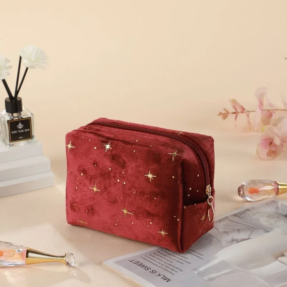 trousse de toilette en velours doux pour femme, sac cosmétique portable, motif étoile estampé à chaud, sac de rangement de maquillage avec fermeture éclair, haute qualité
