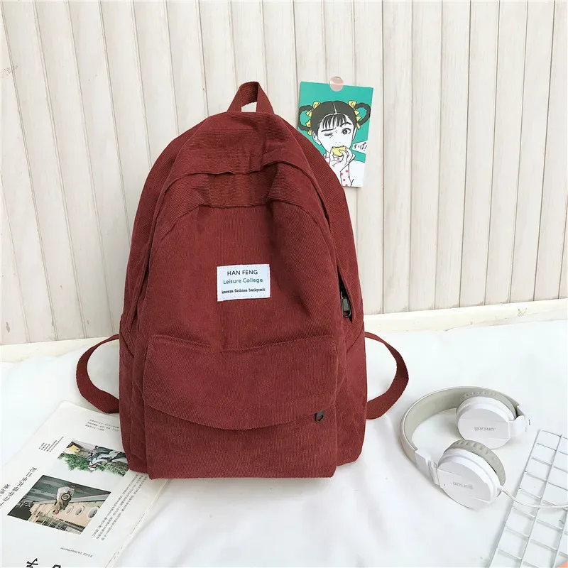 sac à dos coréen en velours côtelé, couleur unie, léger, imperméable, grande capacité, sac d'école pour étudiantes, sac de voyage pour filles et femmes