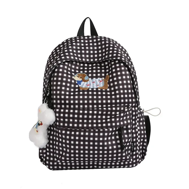 sac à dos grande capacité pour femme, style universitaire, motif chien saucisse de dessin animé coréen, sac à livres polyvalent à carreaux, loisirs et voyage