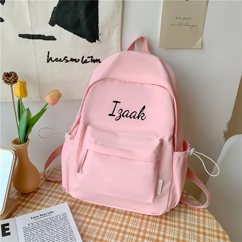sac à dos polyvalent décontracté minimaliste rose pour étudiants, sac de voyage brodé, grande capacité, n'importe quel nom, style forêt