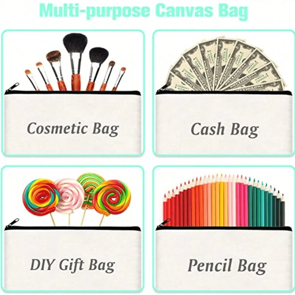 trousse à cosmétiques multifonctionnelle en toile avec fermeture éclair, sac à crayons en poudre pour étudiants, bricolage