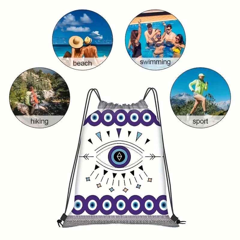 sac dos nylon blanc motif oeil géométrique bleu violet grande capacité voyage école sport shopping fêtes
