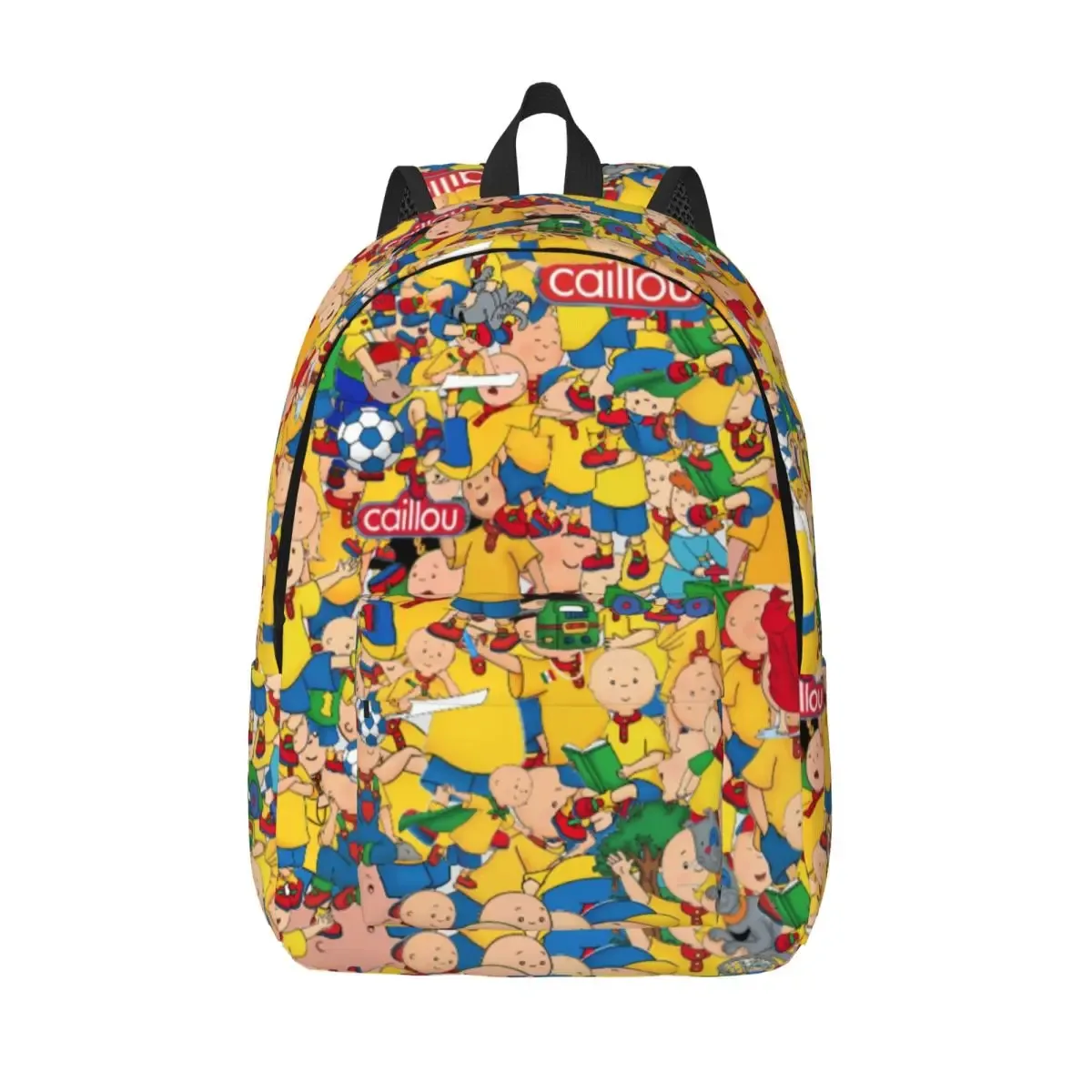 sac dos toile personnages animés jaune rouge bleu beige forme rectangulaire poignée noire travail ecole universite voyage famille