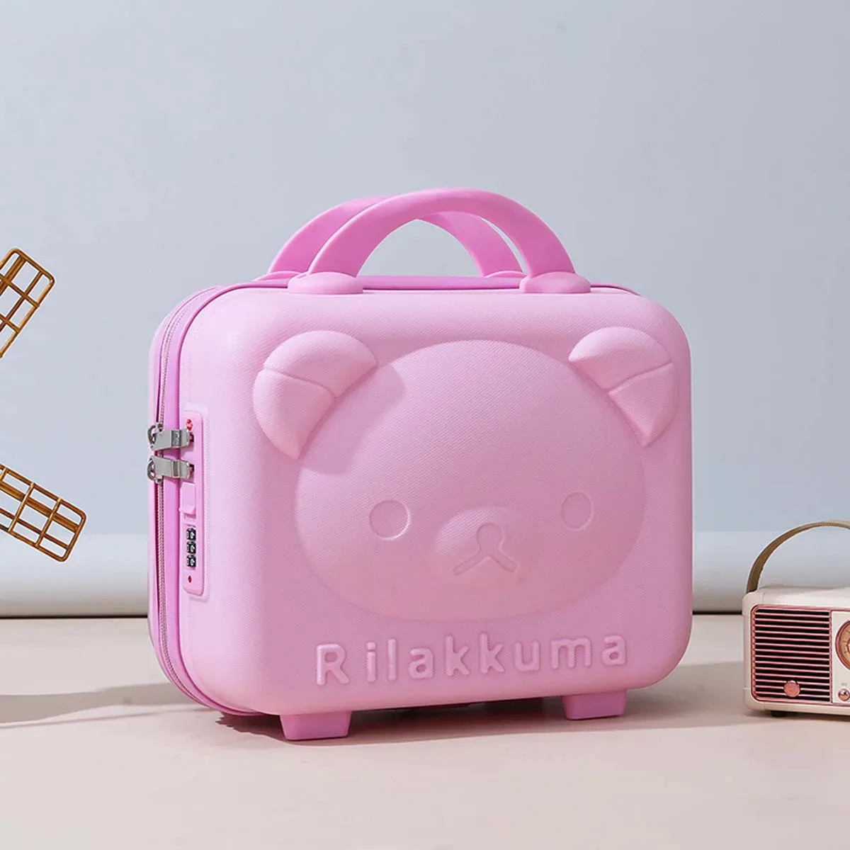 trousse toilette pp gris rose beige design rilakkuma visage oreilles relief voyage cosmétiques maquillage