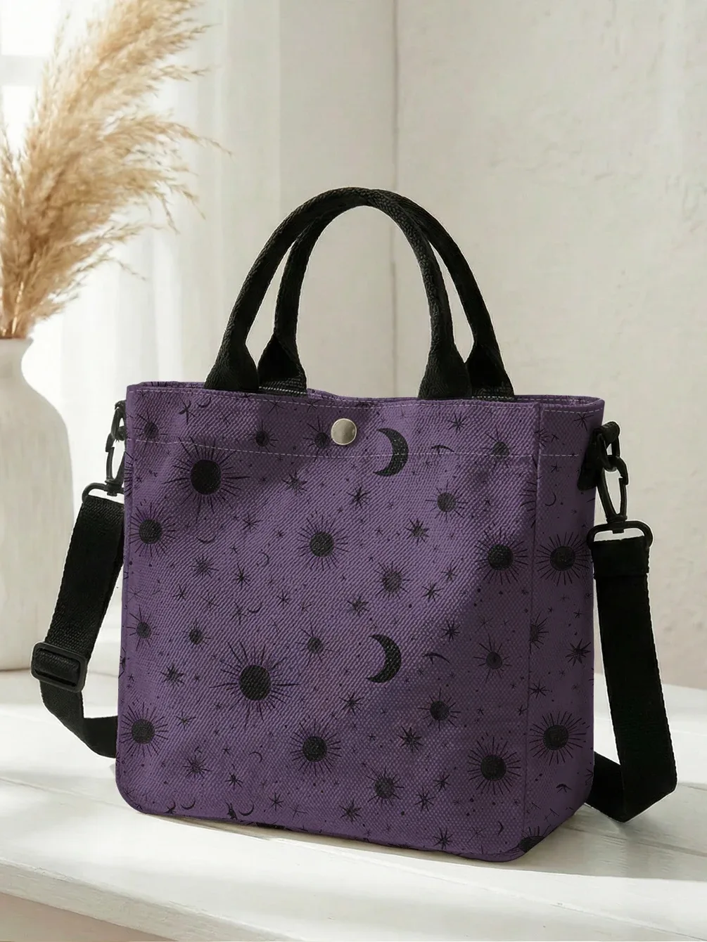 sac fourre-tout violet imprimé soleil, lune et étoiles, avec bandoulière amovible, sac à main pour femme, pour les courses quotidiennes