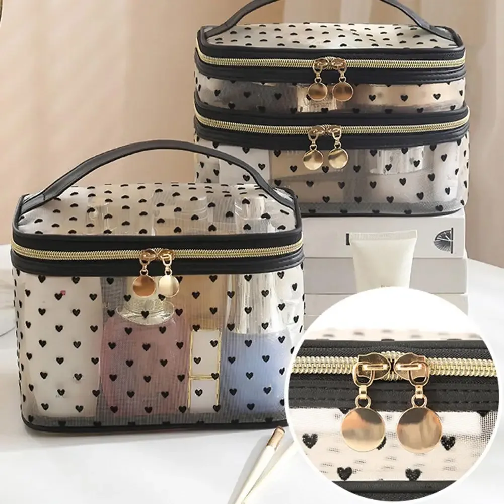 sac à cosmétiques en maille noire à double couche, trousse de maquillage portable de grande capacité, pochette de rangement, sacs de toilette à fermeture éclair