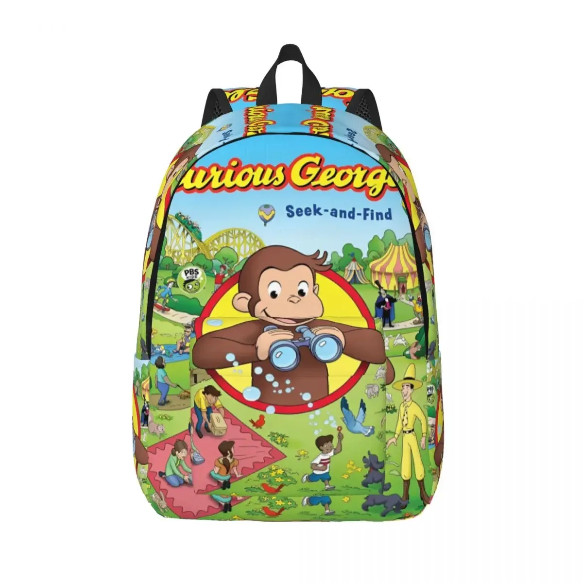 sac dos toile polyester noir motif curious george poche zip latérale compartiment intérieur usage voyage étudiant
