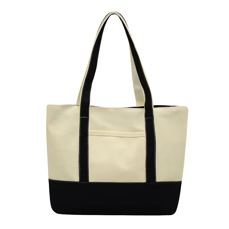 sac à bandoulière en toile personnalisable avec nom, poche avant color block, grand sac fourre-tout décontracté réutilisable pour femme, plage, shopping quotidien