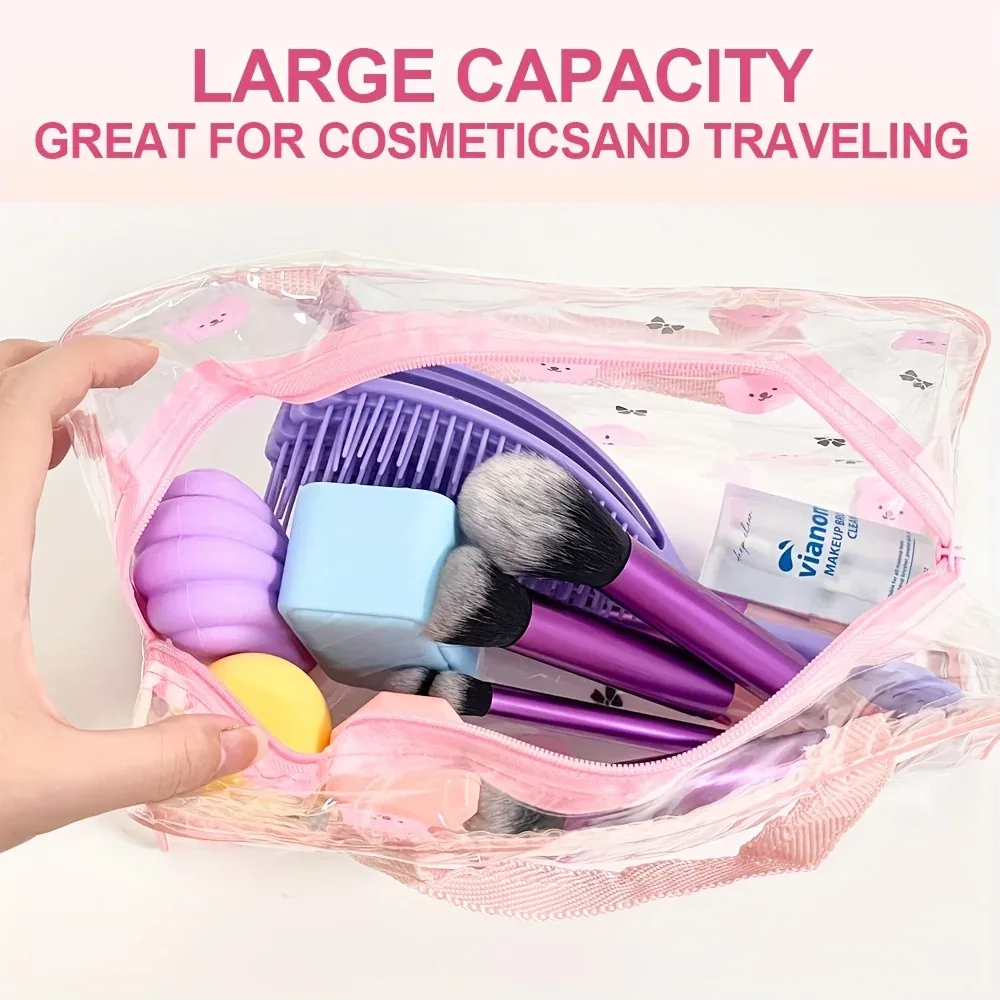 trousse toilette pvc motif ours papillons rose cosmétiques maquillage voyage grande pochette transparente compartiments poignées
