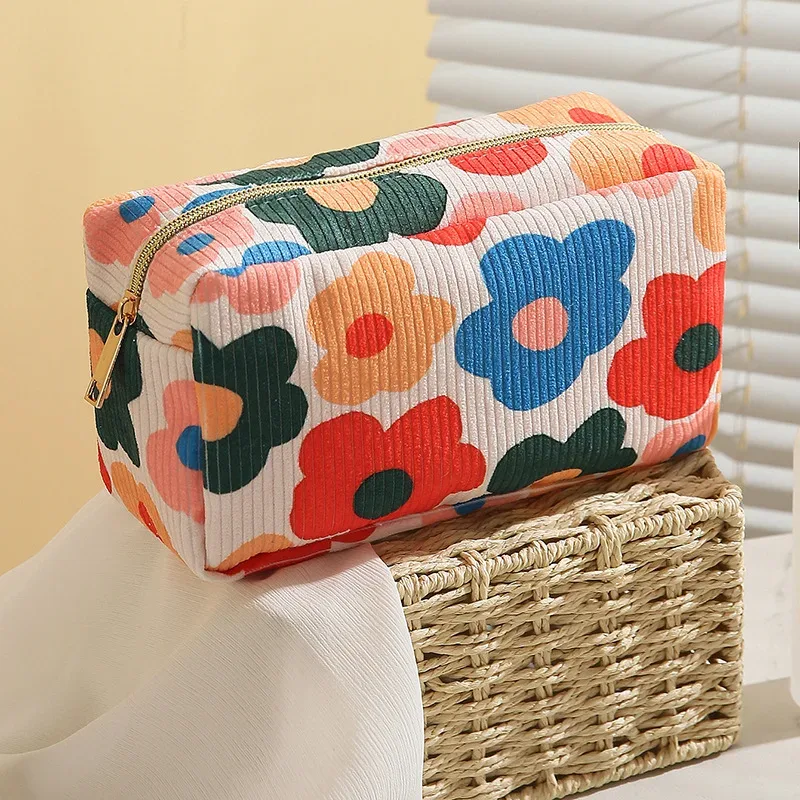 trousse de maquillage en velours côtelé pour femme, sacs cosmétiques de grande capacité, trousse de toilette de voyage, rangement de pinceaux de maquillage, imprimé à la mode