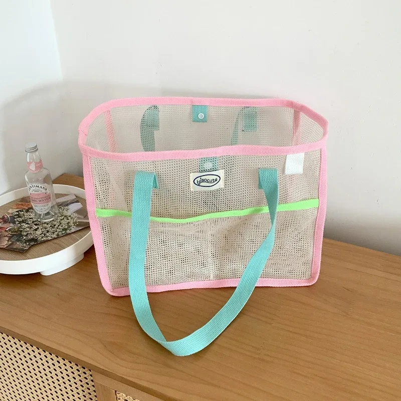 sac fourre-tout en maille mignon, sac de plage portable, respirant, à séchage rapide, pliable, grande capacité, sac à bandoulière pour femmes et filles
