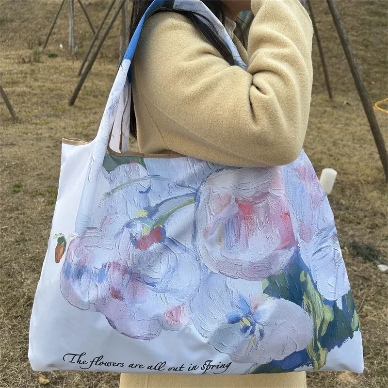 sac de courses pliable imprimé peinture à l'huile, réutilisable, grande capacité, sac fourre-tout écologique, sac de rangement portable et imperméable
