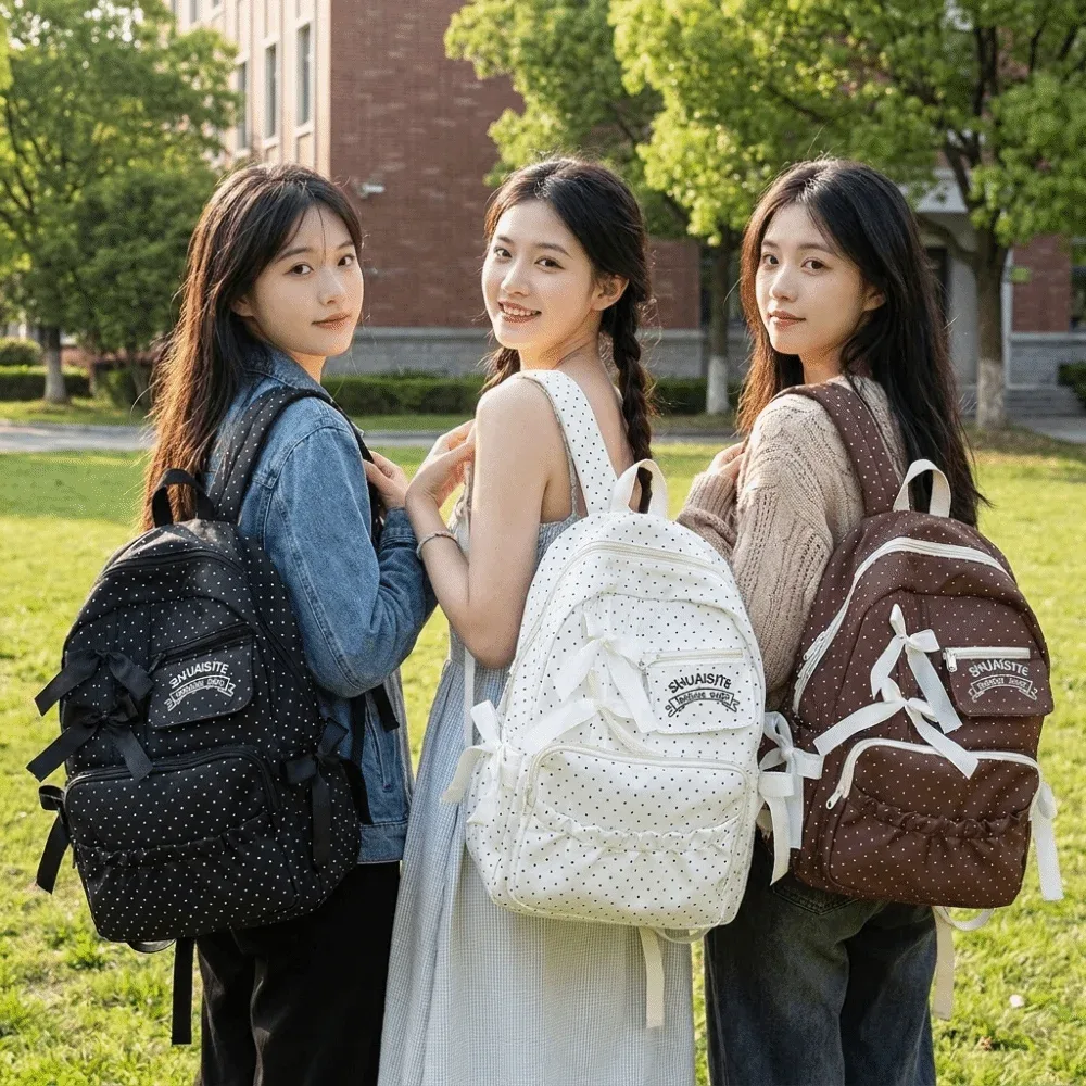 sac à dos en nylon à pois avec nœud, multi-compartiments, grande capacité, fermeture éclair, doublure en polyester, sac à dos de voyage