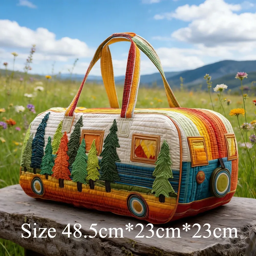 sac de voyage sun and mountain forest, artisanat de quilting fait main, unisexe, vintage, bohème, sac fourre-tout pour le week-end, camping, voyage en voiture, aventures en plein air