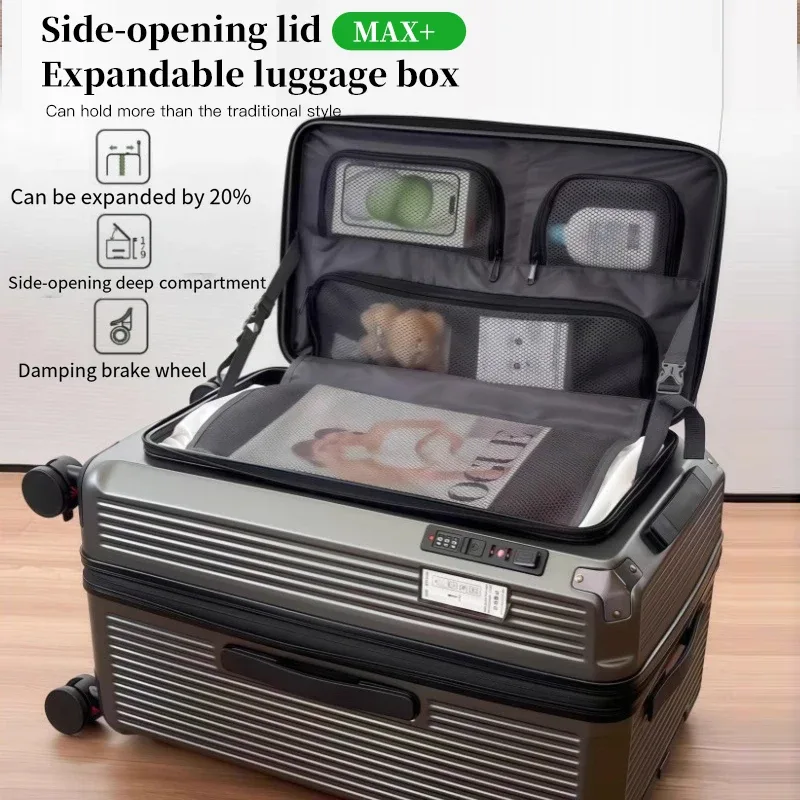 valise pc gris compartiments glissières ceinture poignée latérale verrouillage code roue frein expansion latère ajustable voyage