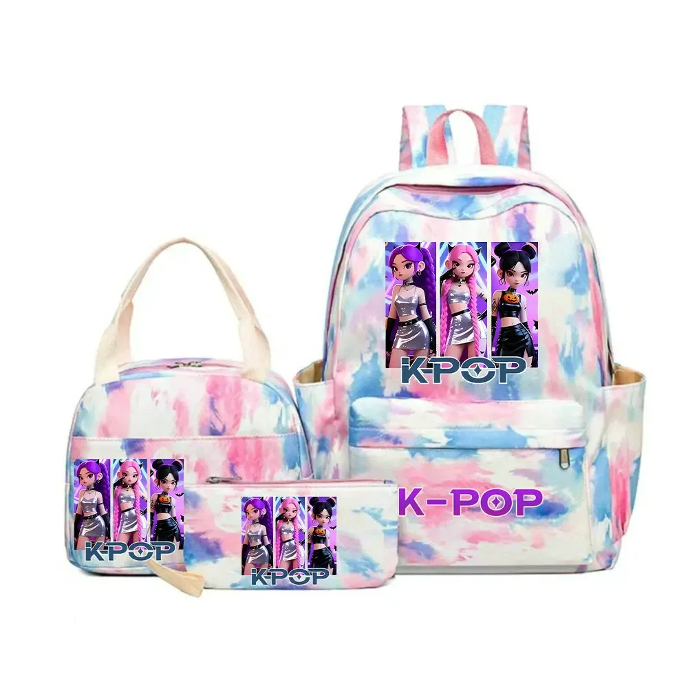 sac dos polyester motifs personnages kpop pompon ceinture coussin air bandes latérales poignée supérieure pliable extensible bleu rose violet voyage adolescents