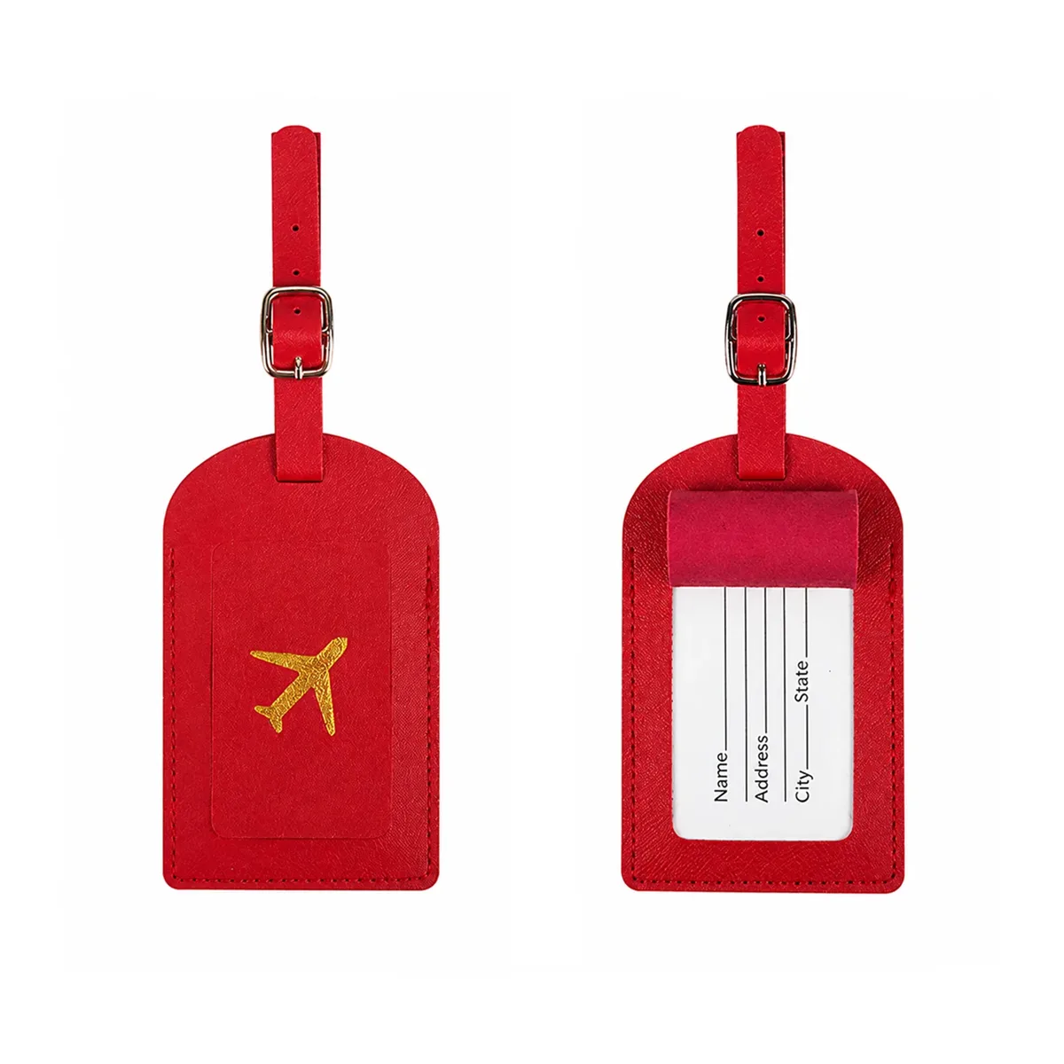 étiquette bagage cuir rouge doré avion nom adresse voyage affaires vacances lot pièce identification valise