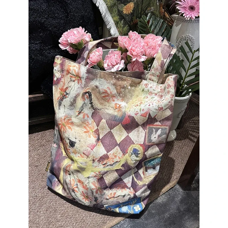 elfsack 2025 automne nouveauté y2k coloré peint à la main animal sac fourre-tout original art impression toile sac à bandoulière pour femme