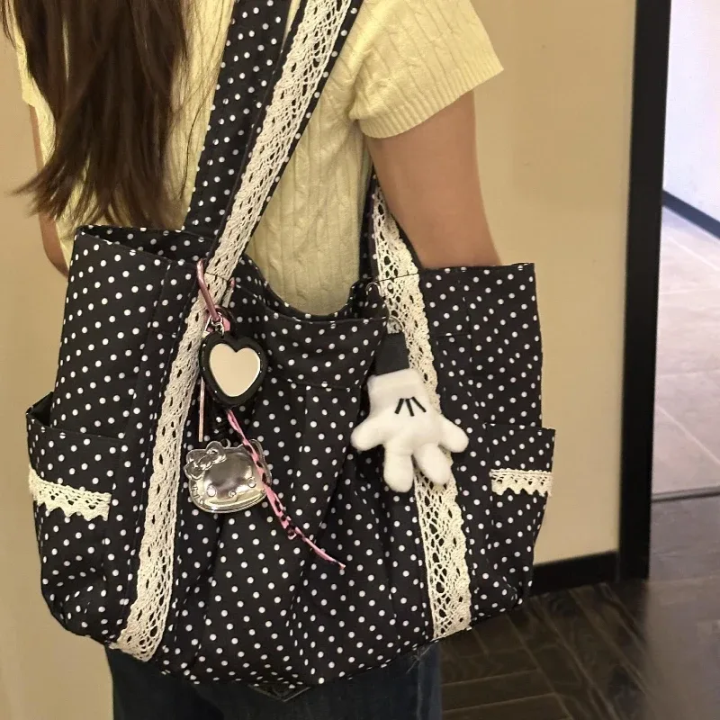 sac à bandoulière en dentelle pour femmes, niche douce, style coréen, vintage, sac à main en toile à pois, grande capacité, multi-poches, fourre-tout pour les déplacements