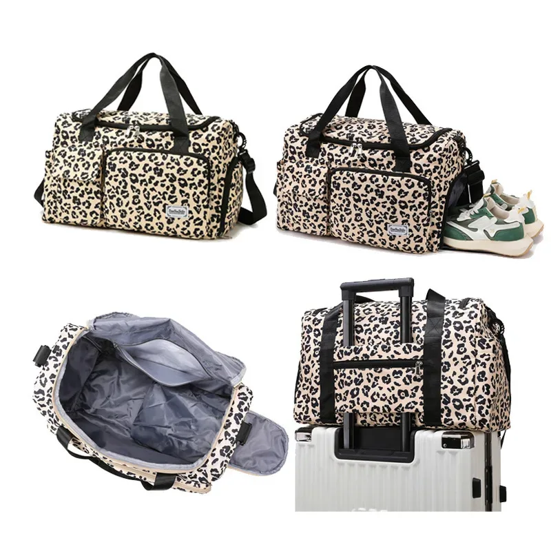 sac de voyage classique à imprimé léopard grande capacité avec plusieurs poches et compartiment à chaussures, sac de sport et de fitness
