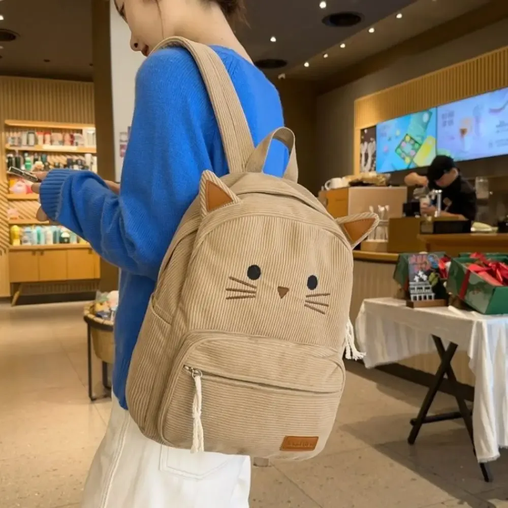 sac à dos mignon en velours côtelé imprimé multicolore motif chat de dessin animé, avec plusieurs poches, léger, idéal pour les étudiants et les voyages.