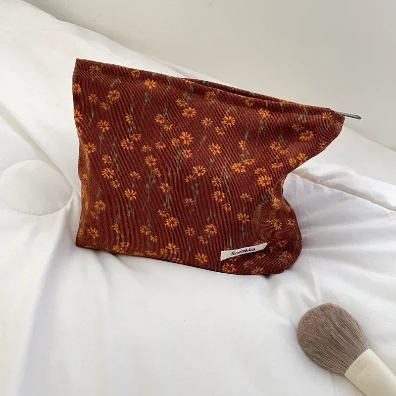 trousse de maquillage en velours côtelé pour femme, trousse cosmétique à imprimé floral rétro, étuis de rangement de beauté, poudres de maquillage de voyage