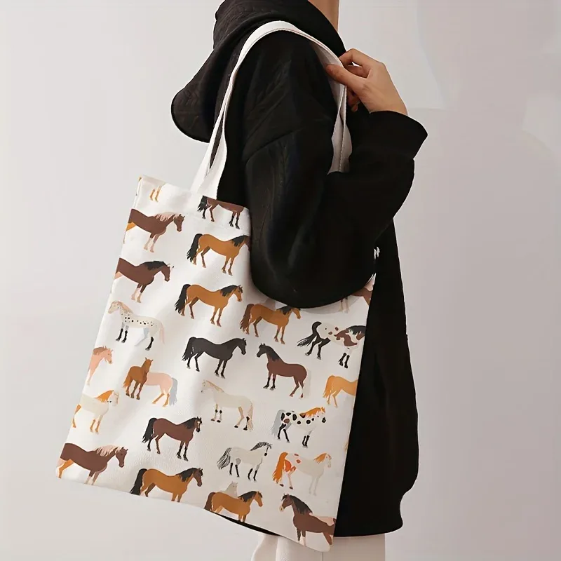sac fourre-tout imprimé cheval en polyester, fourre-tout réutilisable à la mode avec impression alphabet, sac à main multifonctionnel pour sacs de courses