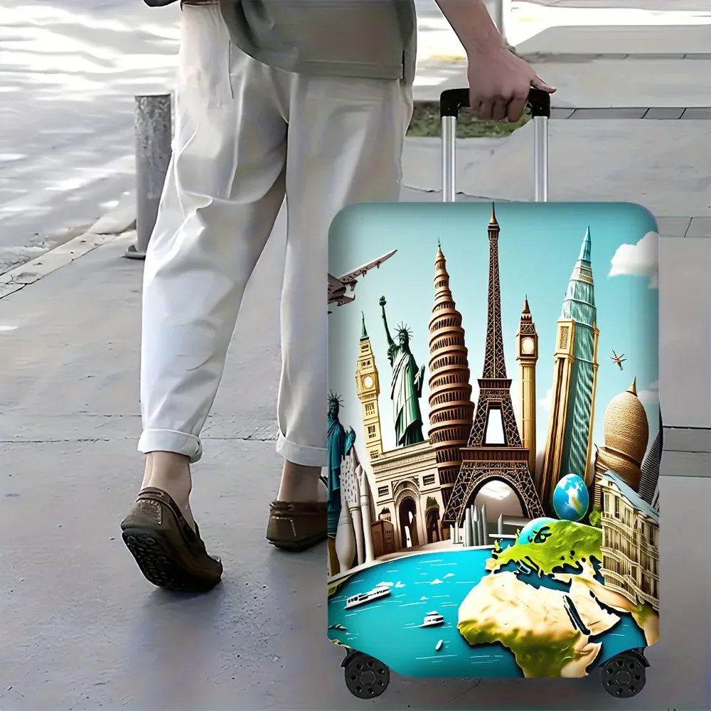 housse valise polyester monde monuments tour eiffel statue liberté big ben petronas twin towers bleu doré vert gris protection voyage