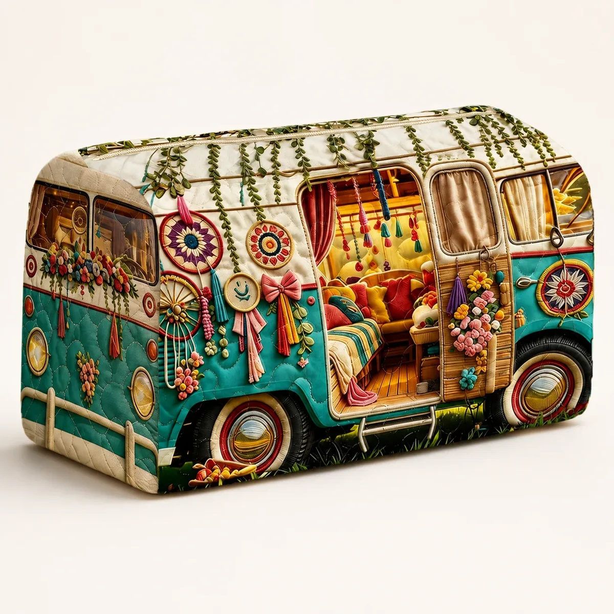trousse de maquillage bohème camper van, pochette de toilette imprimée florale, organisateur de voyage, trousse à crayons, pochette de rangement