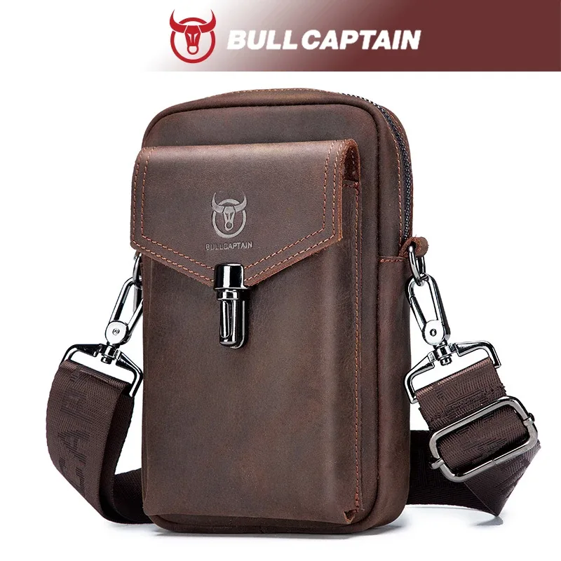 bullcaptain sac de ceinture pour homme en cuir crazy horse, sacoche de téléphone à porter à la taille, sac à bandoulière en cuir de vachette pleine fleur