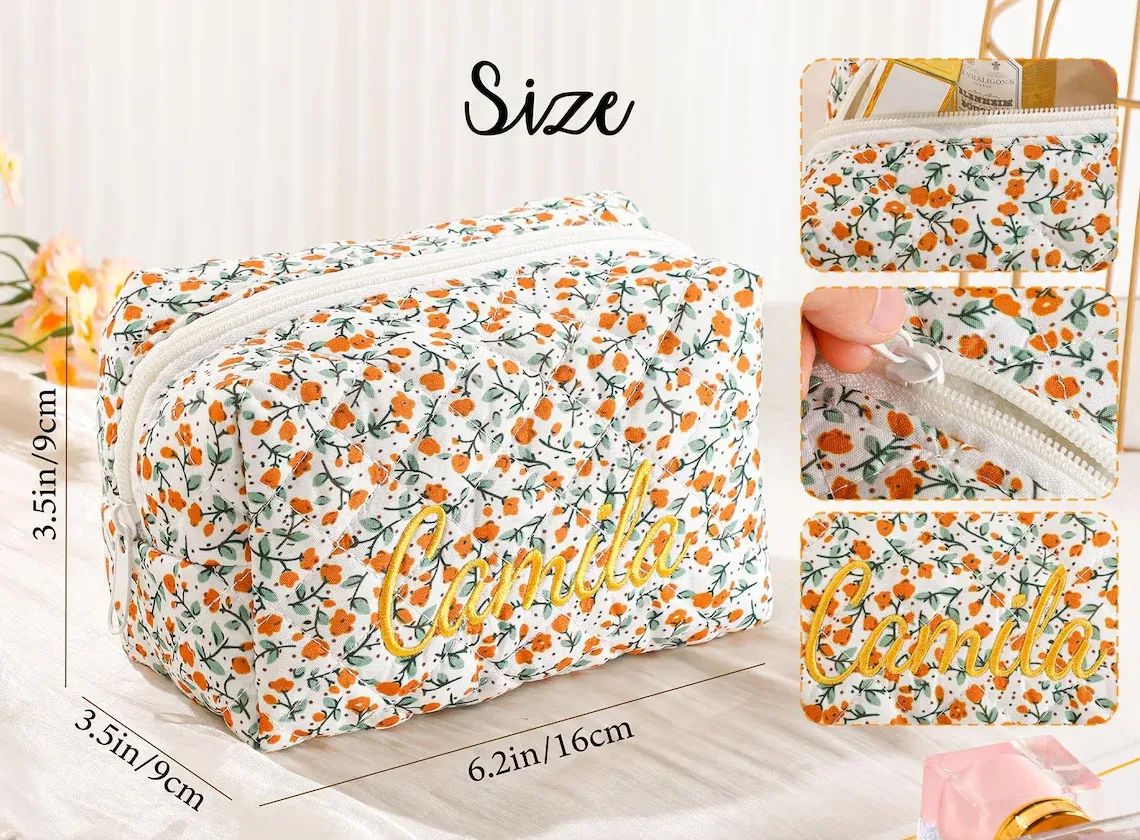 pochette de maquillage brodée de fleurs personnalisée, grande capacité, pochette cosmétique, cadeaux de demoiselle d'honneur, cadeau de fête des mères, sac organisateur de maquillage