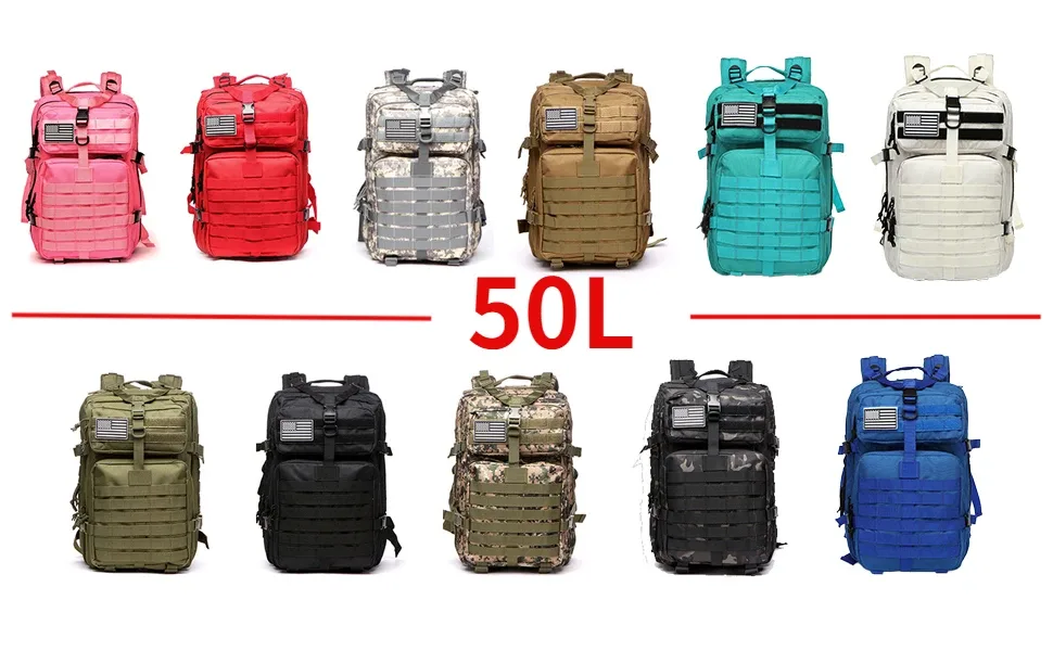 sac dos nylon tactique camouflage beige bleu vert rose 50l randonnée camping sport extérieur
